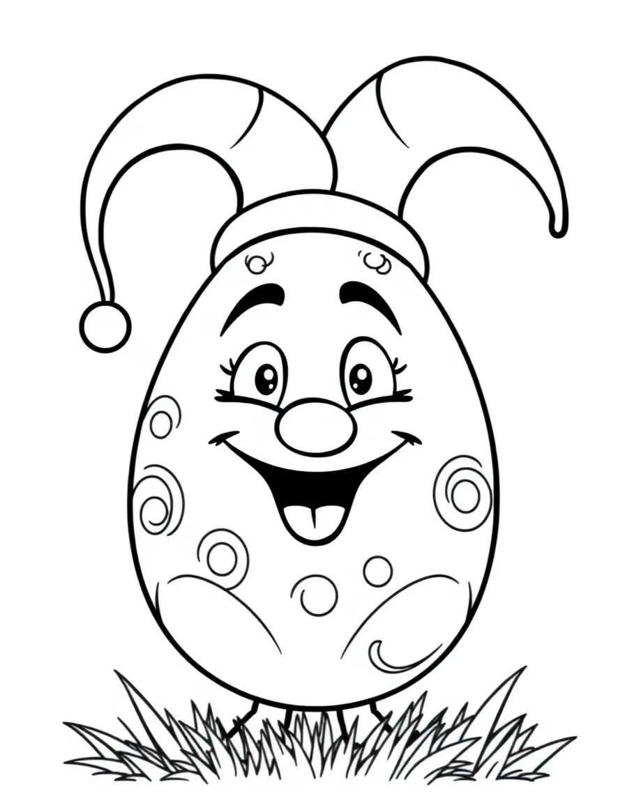 An Easter egg with a jester hat and a playful face