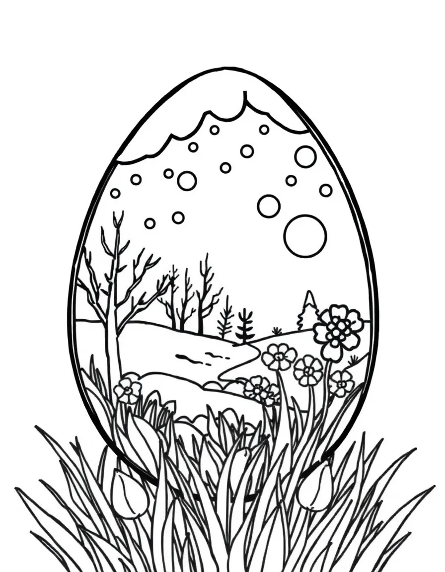 An Easter egg with a winter scene transitioning to spring