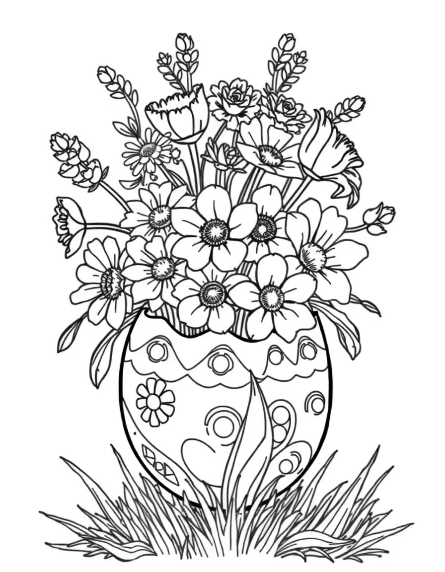 An Easter egg with a bouquet of flowers bursting from it