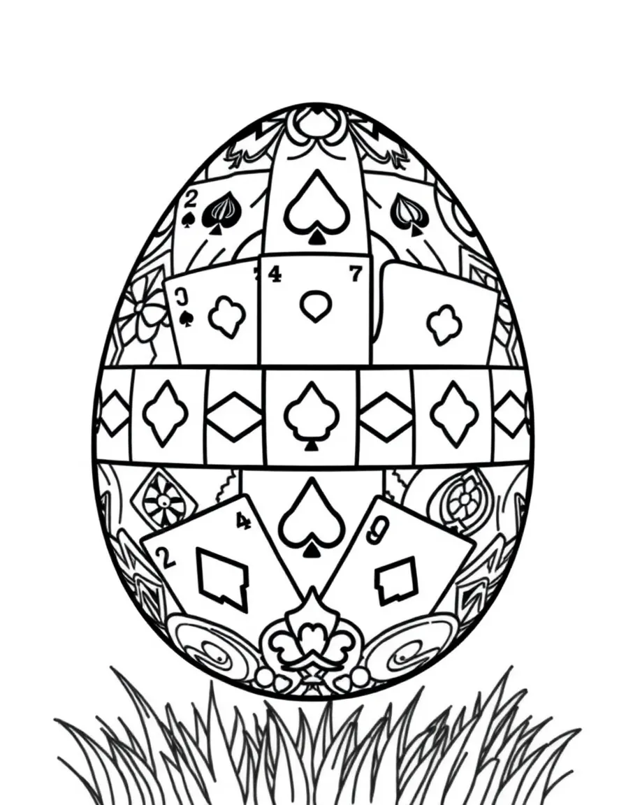 An Easter egg with playing cards arranged in patterns