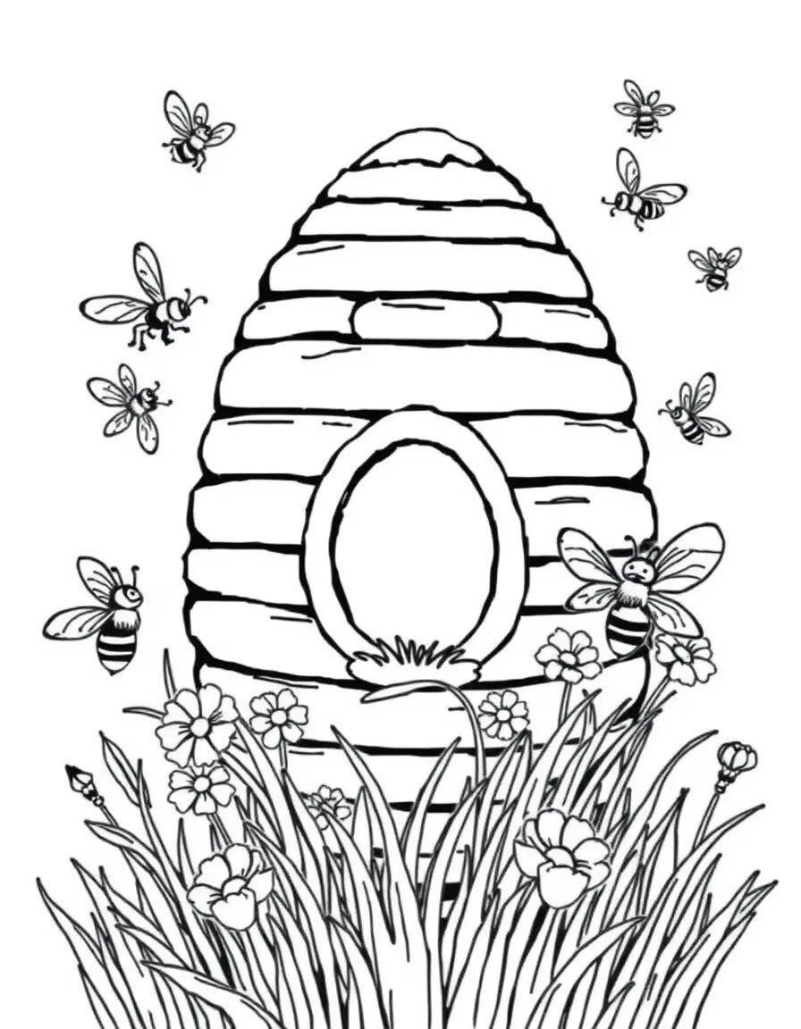 An Easter egg with a beehive and buzzing bees around it