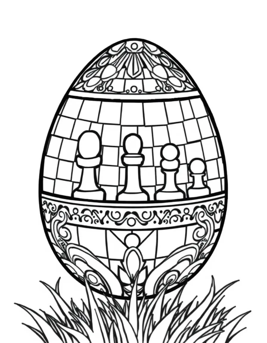 An Easter egg with a chessboard pattern and pieces