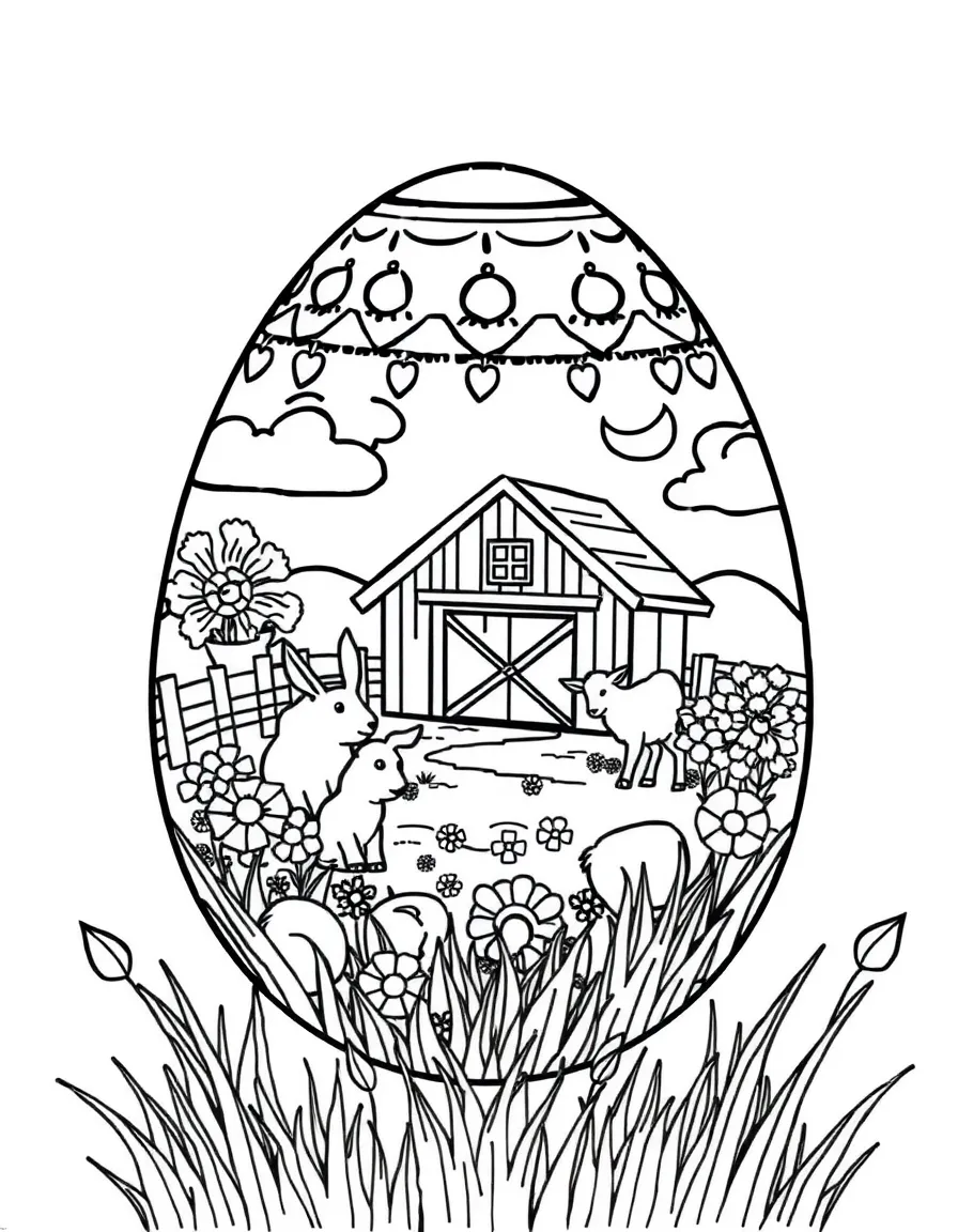 An Easter egg with a farmyard scene of animals and barn