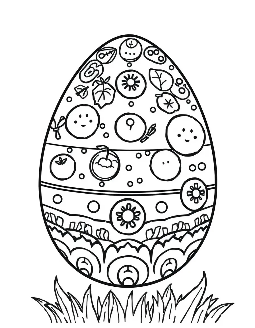 An Easter egg with pizzeria toppings arranged in patterns