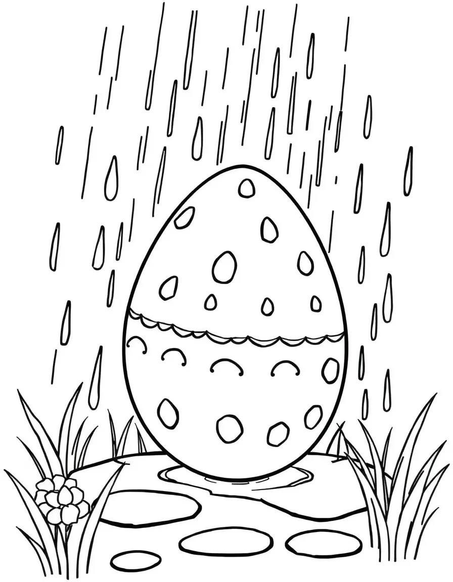 An Easter egg with raindrops and puddles in a spring shower