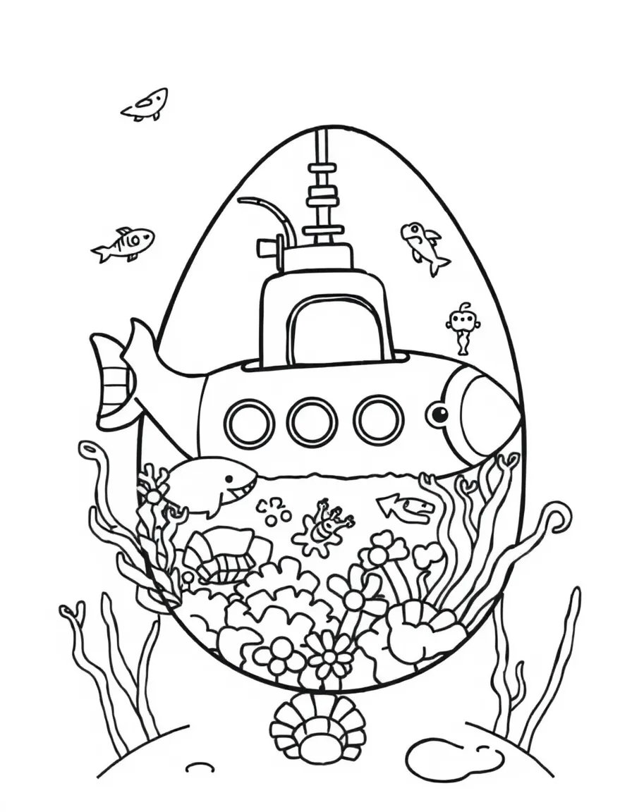 An Easter egg with a submarine and underwater creatures