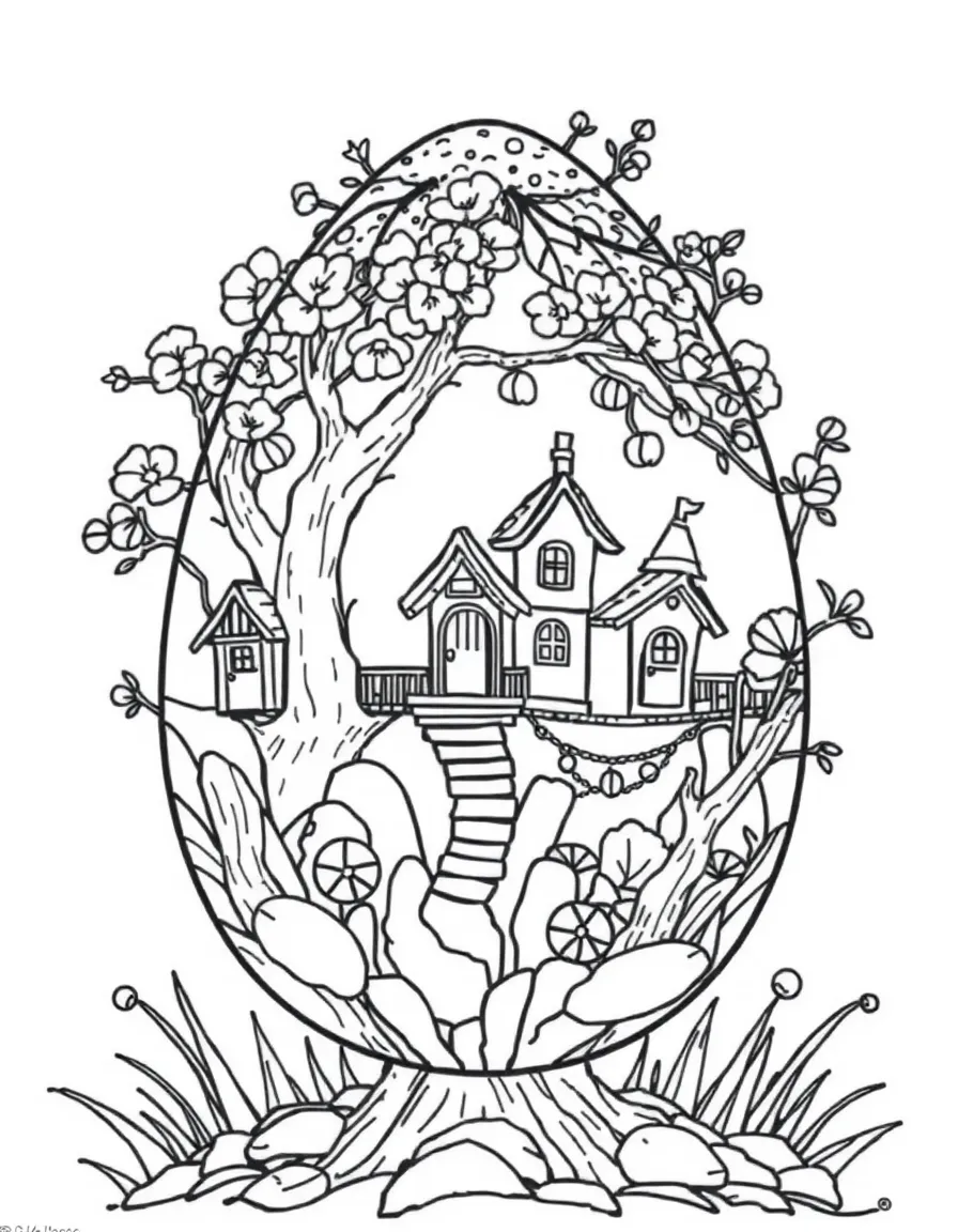 An Easter egg with tiny tree houses and rope bridges