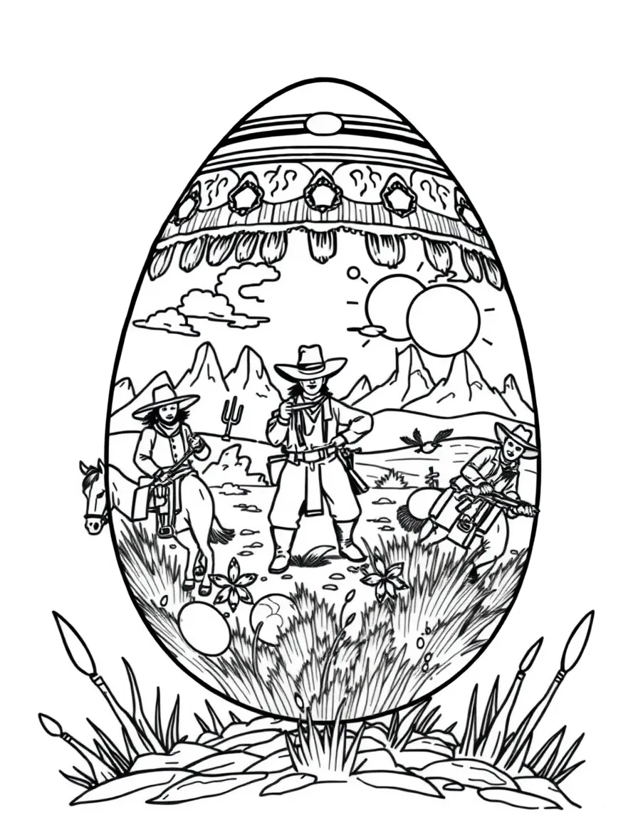 An Easter egg with wild western scenes and cowboys