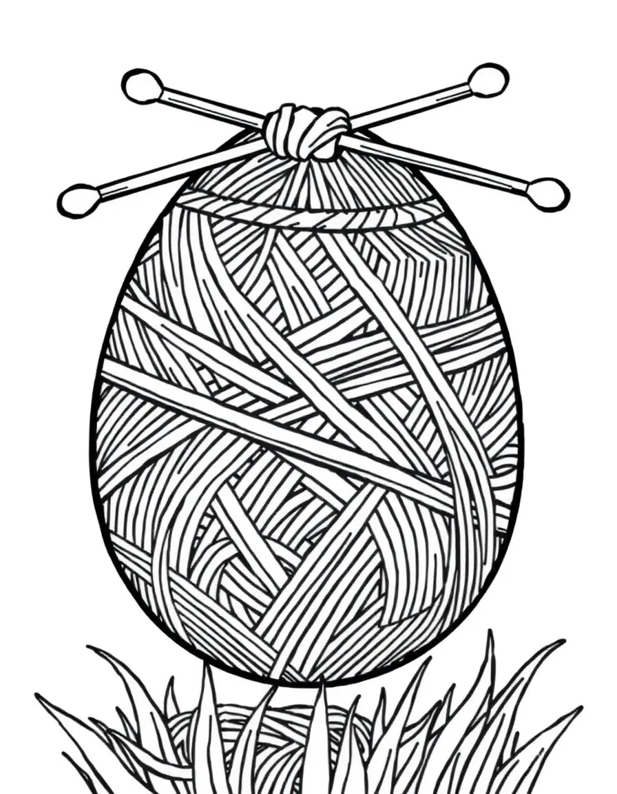 An Easter egg with yarn patterns and knitting needles