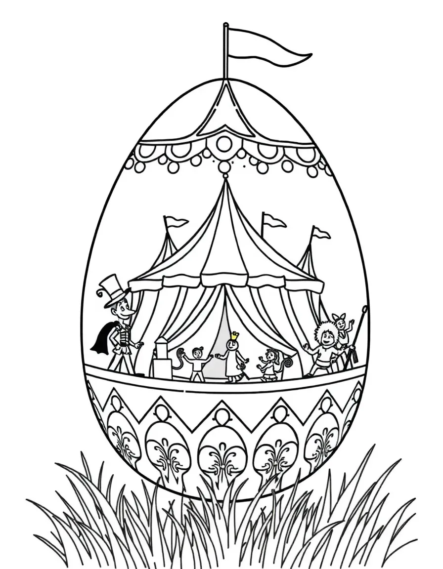 An Easter egg with circus performers and big top tents