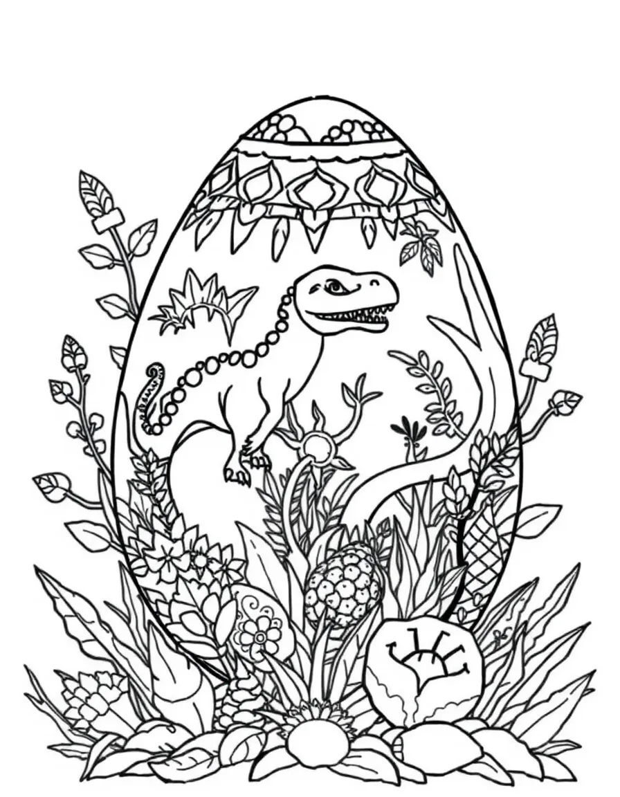 An Easter egg with dinosaurs and prehistoric plants