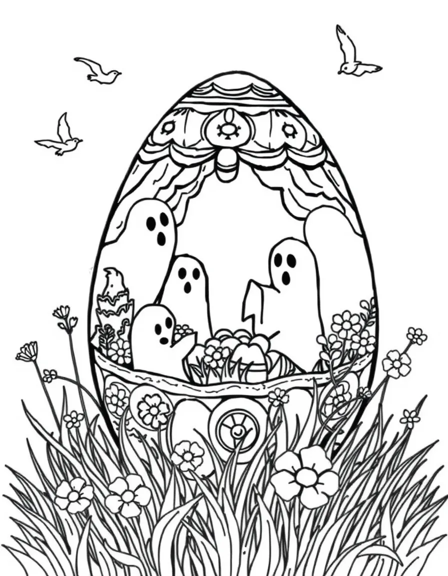 An Easter egg with ghost stories illustrated in spring settings