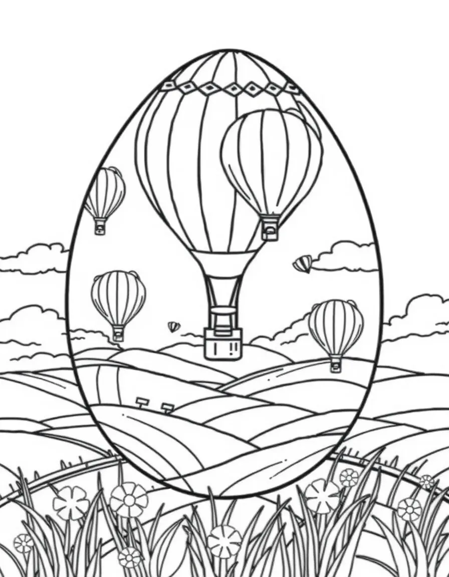 An Easter egg with hot air balloons floating over fields