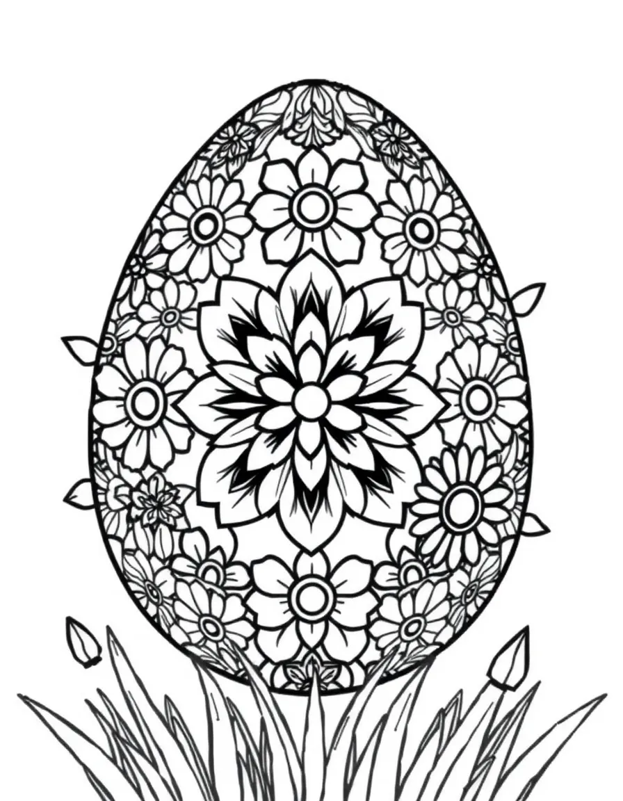 An Easter egg with kaleidoscope patterns of spring flowers