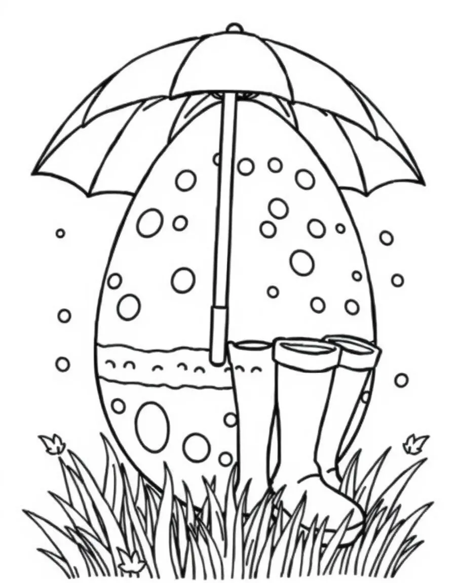 An Easter egg with umbrellas and rain boots for spring showers