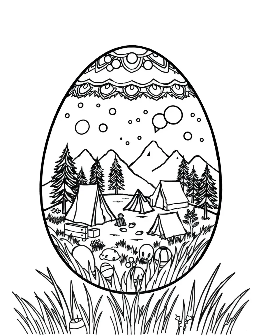 An Easter egg with campsite scenes and tents
