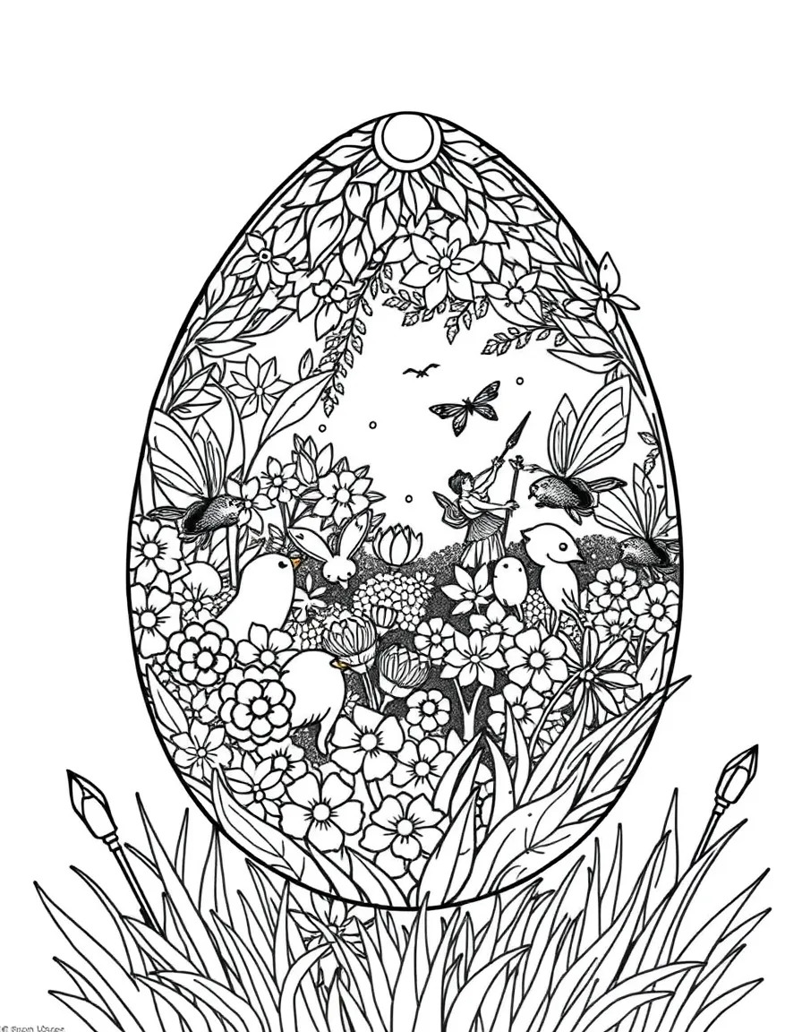 An Easter egg with enchanted garden scenes and fairies