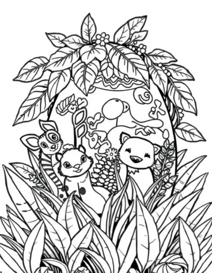 An Easter egg with jungle animals peering through foliage