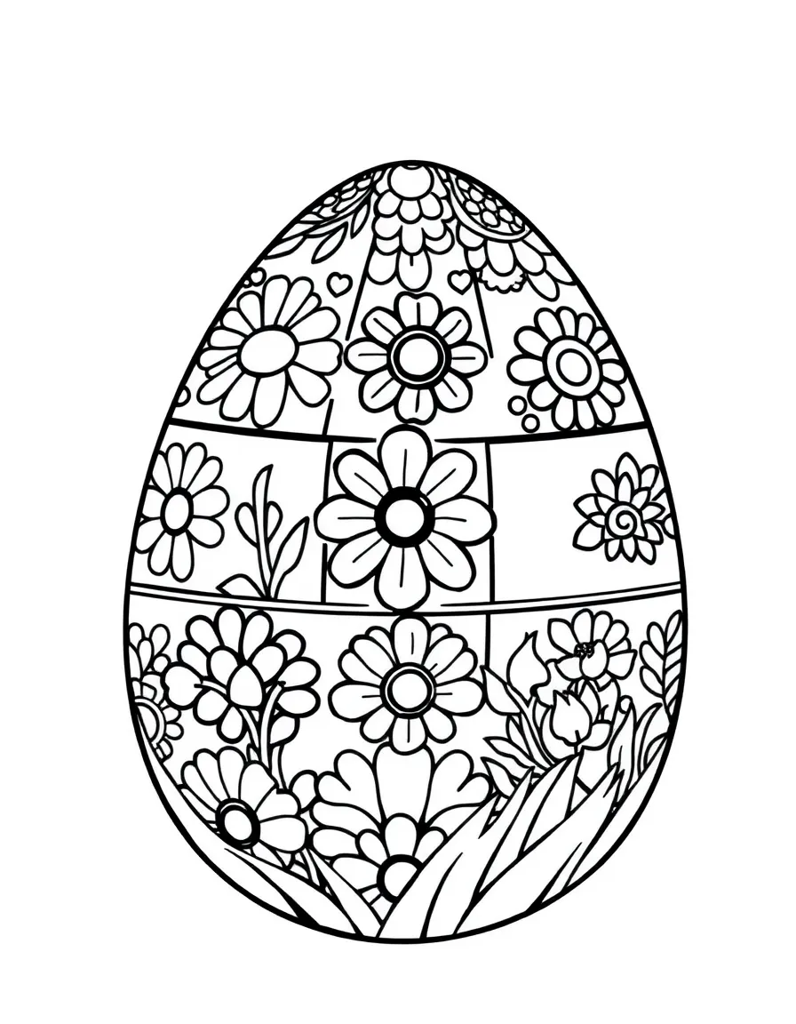 An Easter egg with patchwork quilt patterns of spring symbols