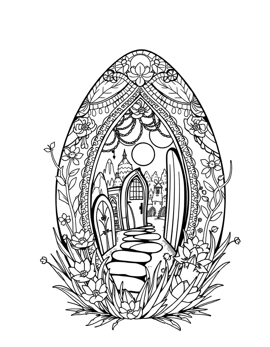 An Easter egg with tiny doorways leading to magical worlds