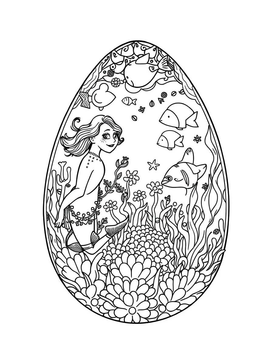 An Easter egg with underwater scenes of mermaids and fish