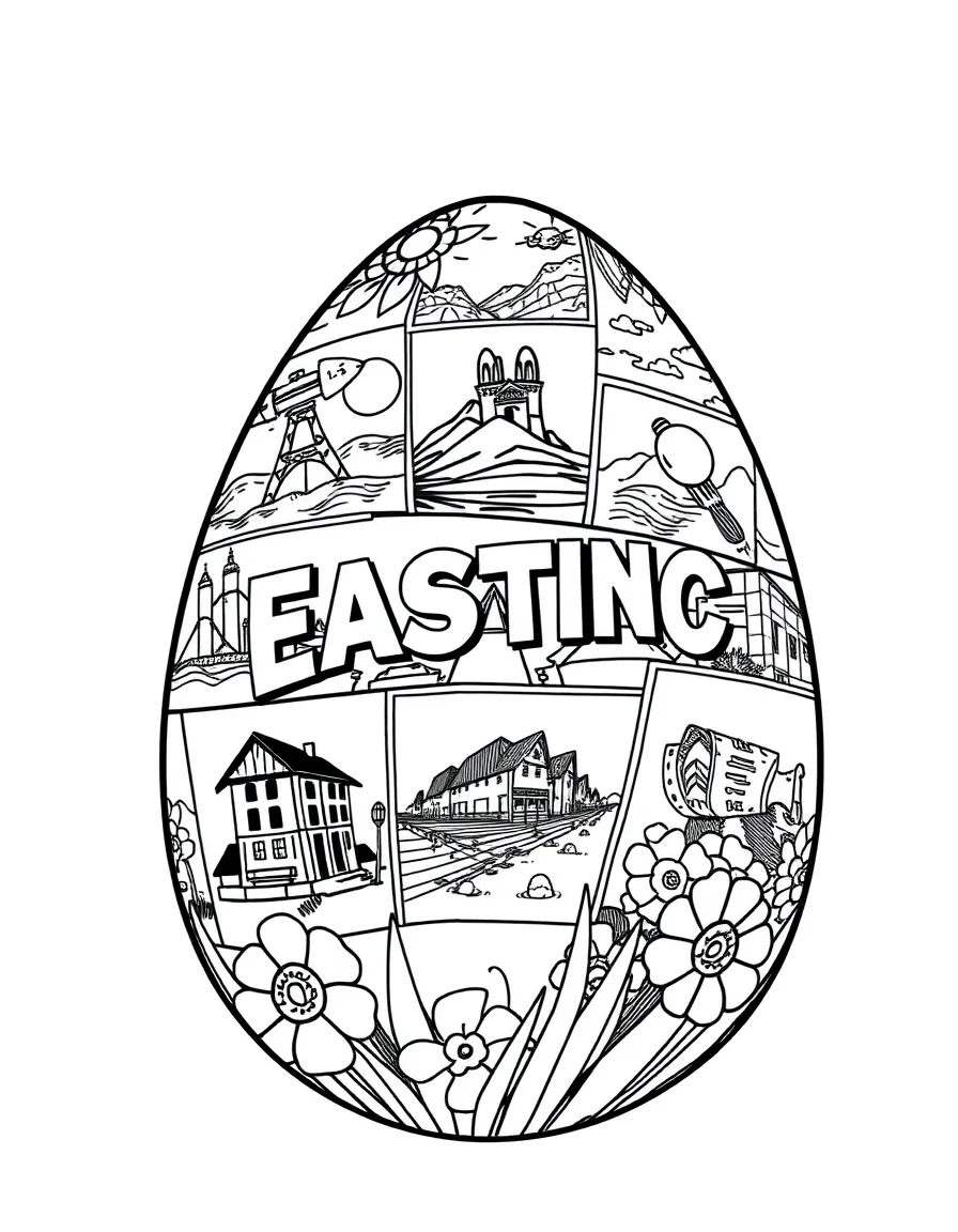 An Easter egg with vintage postcard designs from spring destinations