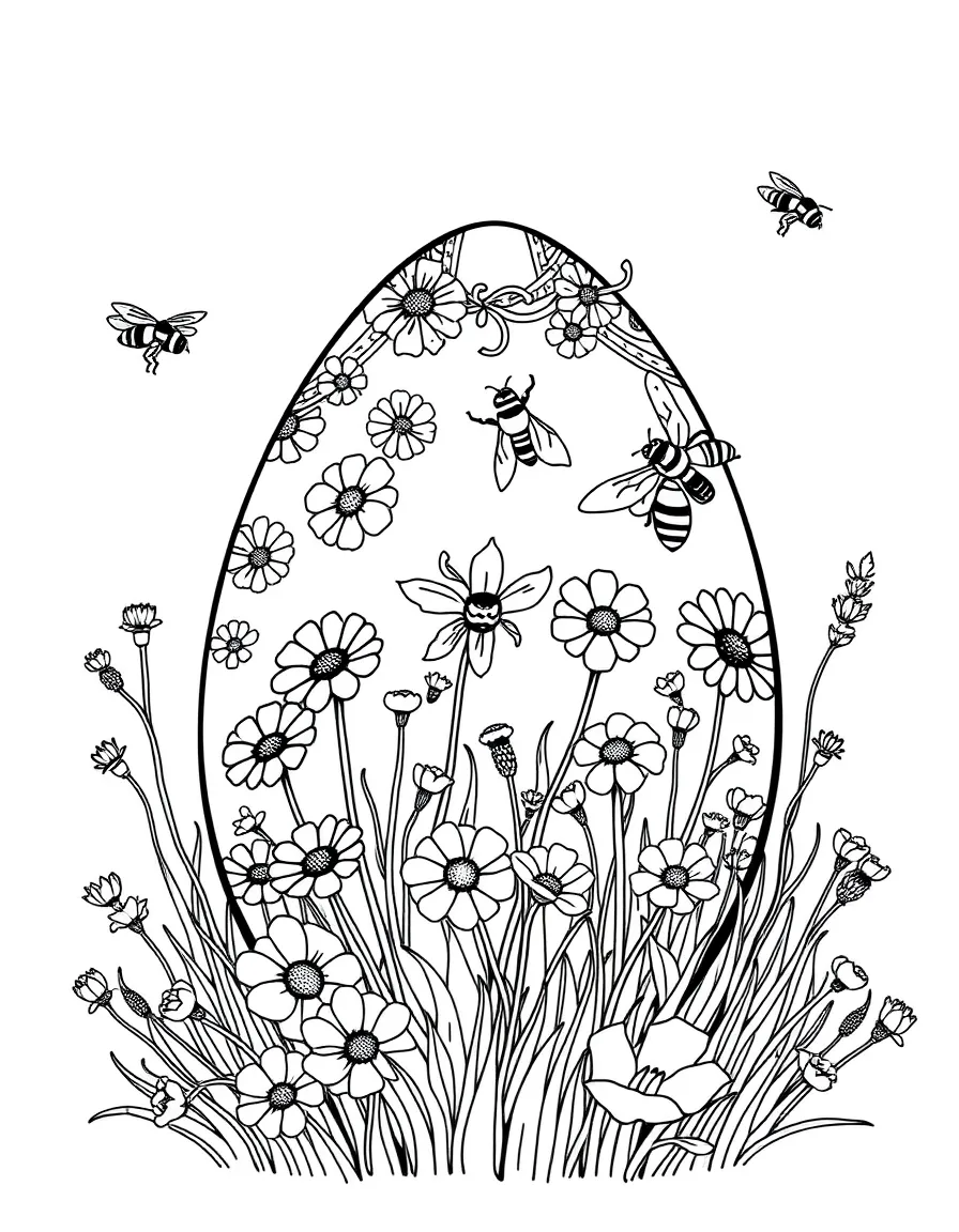 An Easter egg with wildflower fields and buzzing bees