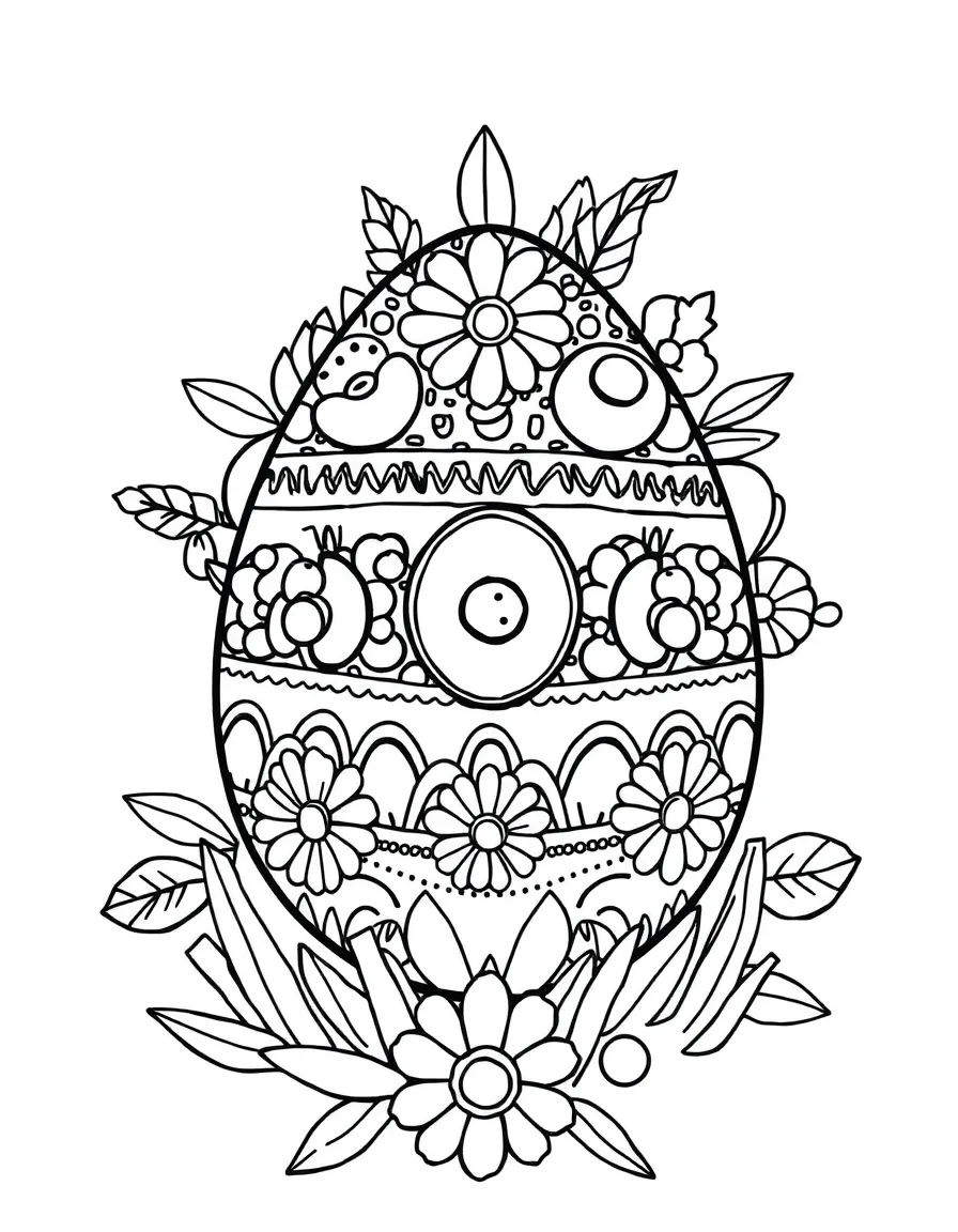 An Easter egg with breakfast foods arranged in decorative patterns