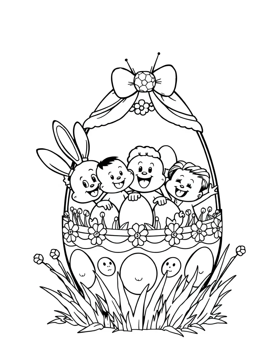 An Easter egg with cartoon characters celebrating Easter