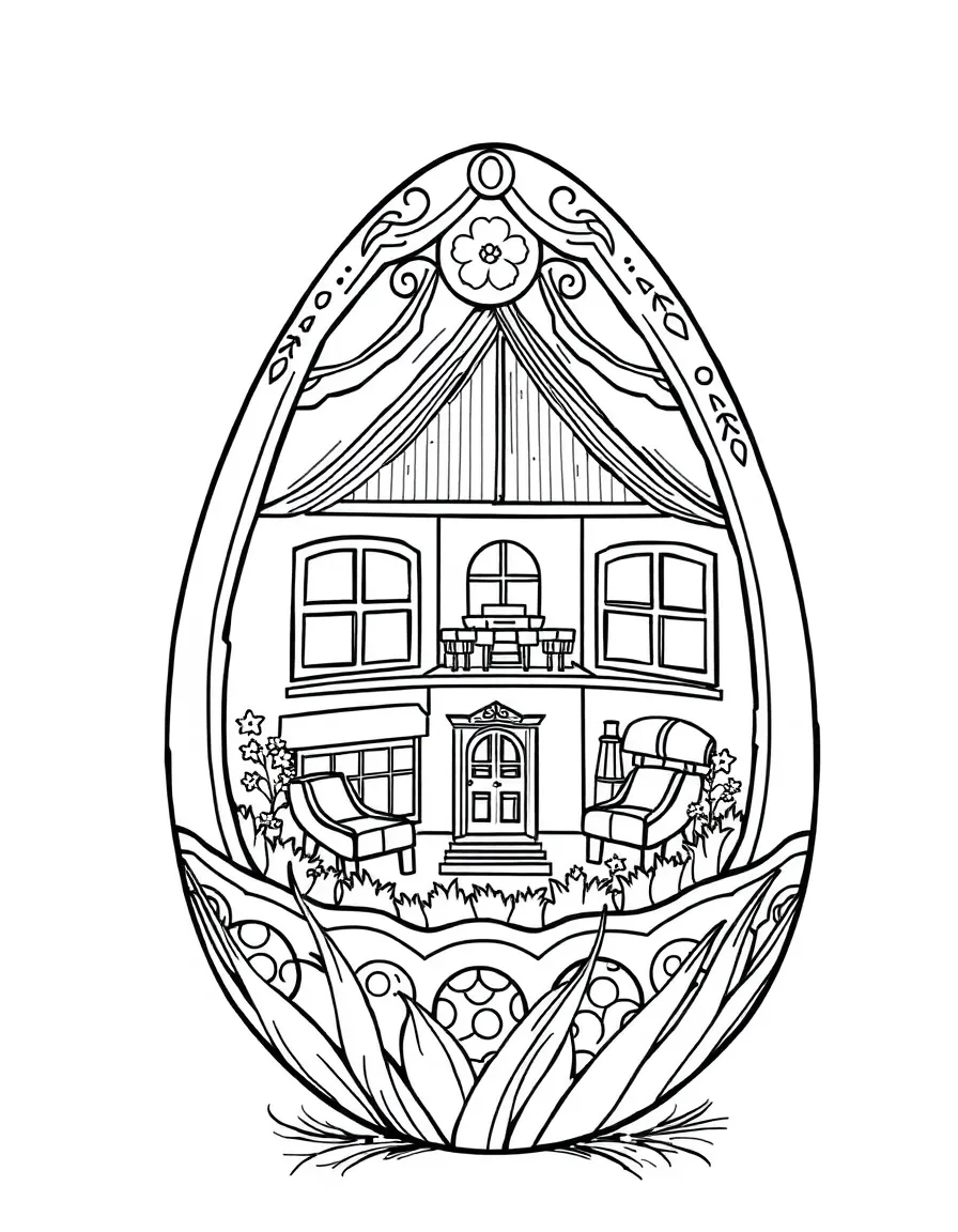 An Easter egg with doll house rooms visible through windows