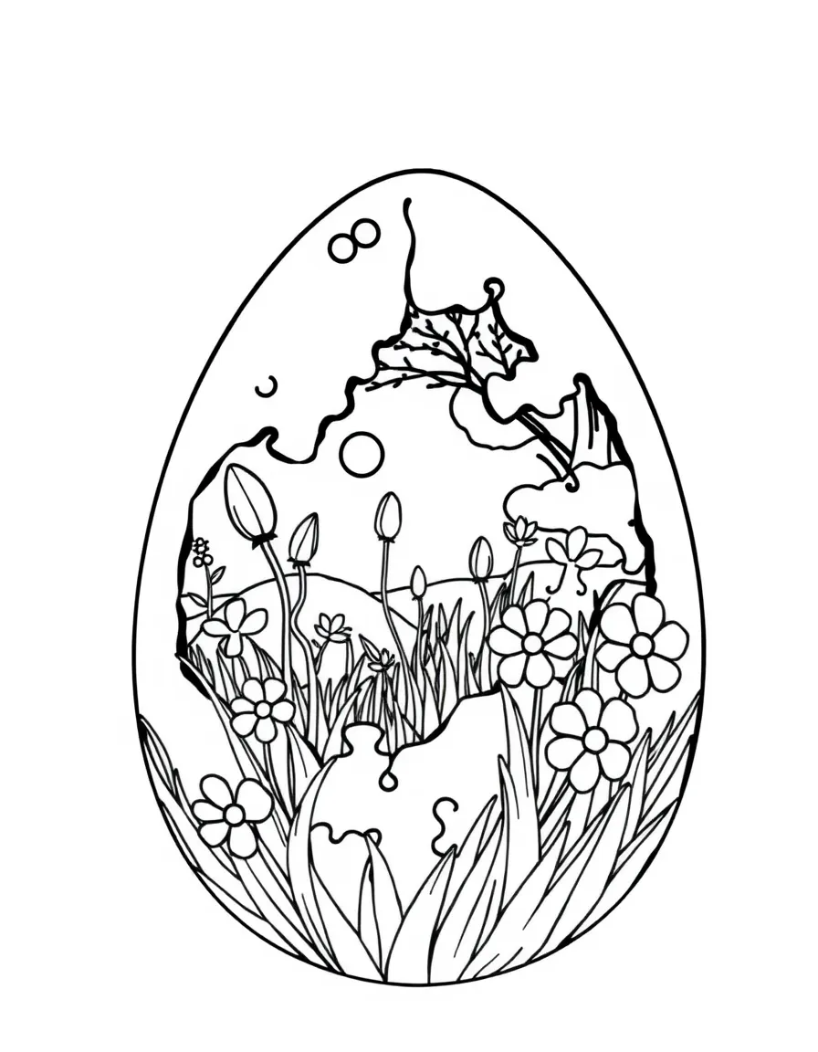 An Easter egg with jigsaw puzzle pieces that create a spring scene