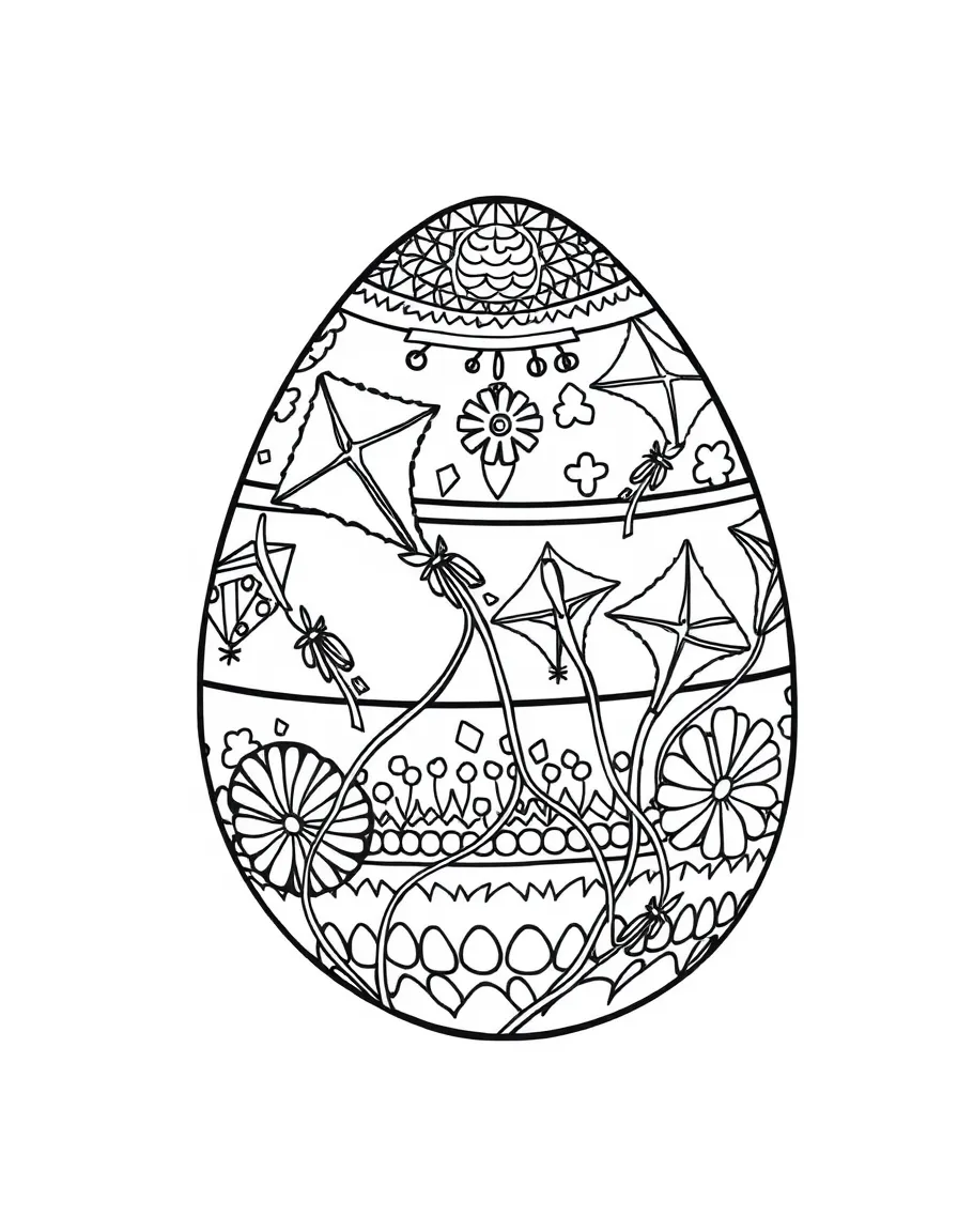 An Easter egg with kite patterns and flying designs