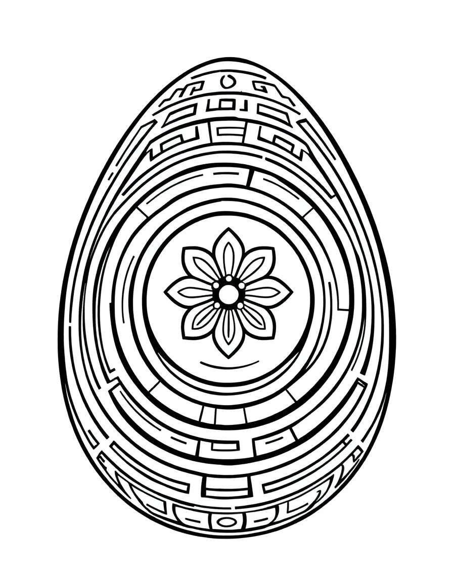 An Easter egg with labyrinth patterns leading to a center flower