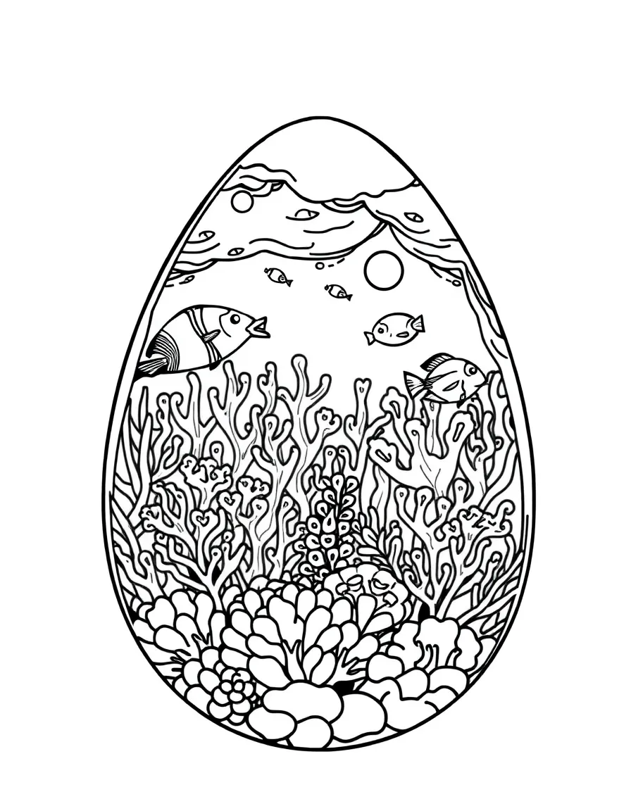 An Easter egg with underwater coral reef scenes and fish