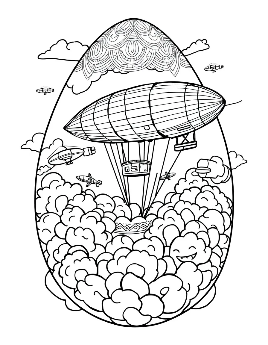 An Easter egg with zeppelin airships floating through clouds