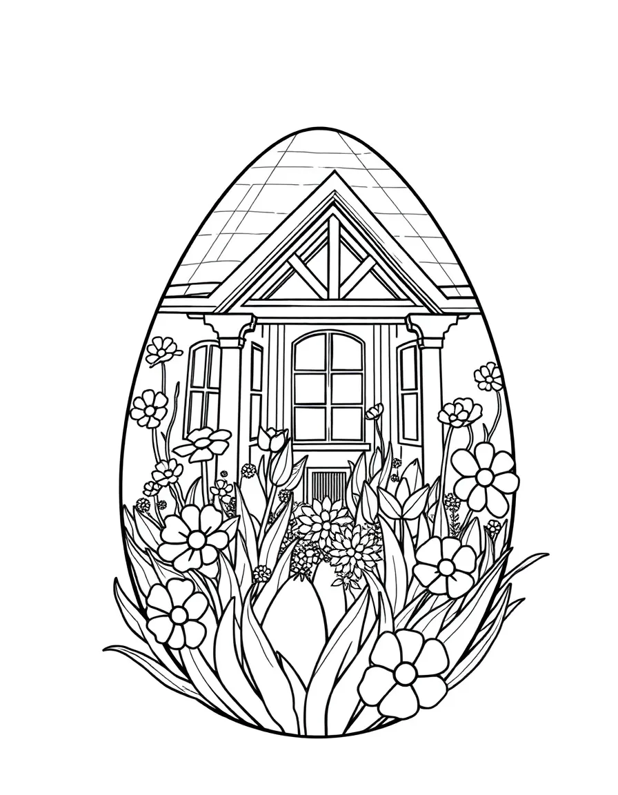 An Easter egg with architectural blueprints for a spring garden