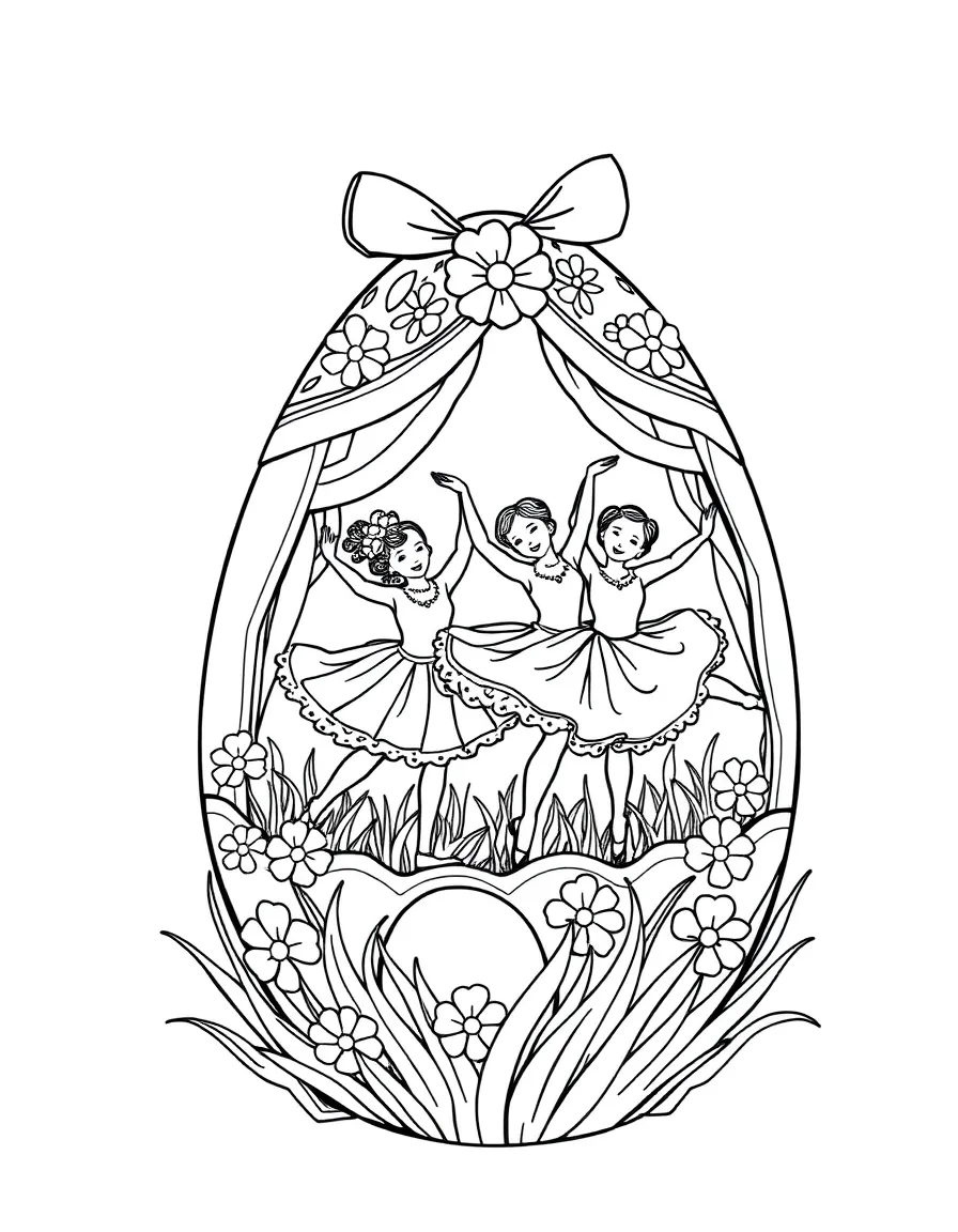 An Easter egg with ballet dancers performing in spring costumes