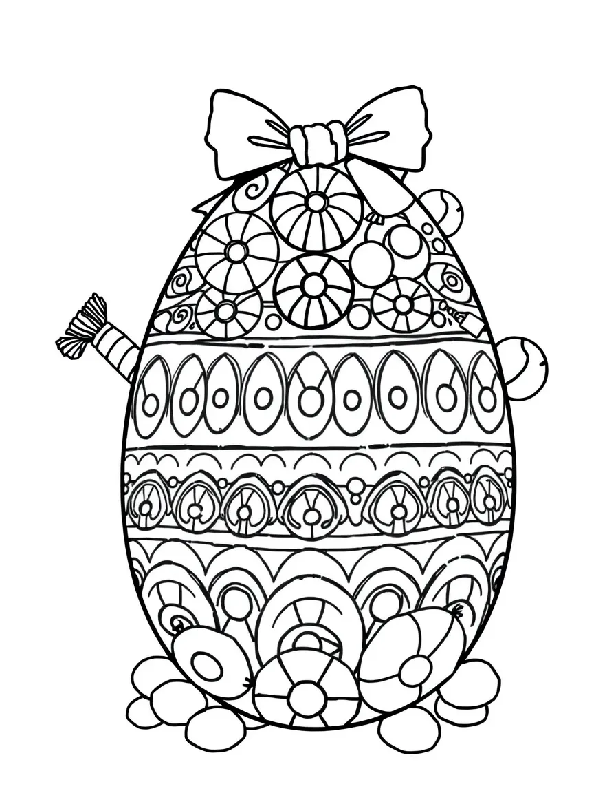 An Easter egg with candy shop treats arranged in patterns