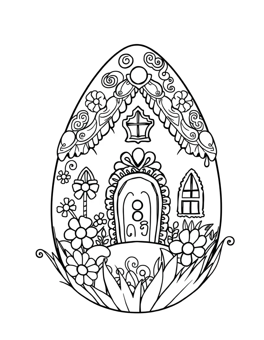 An Easter egg with gingerbread house designs with spring decorations
