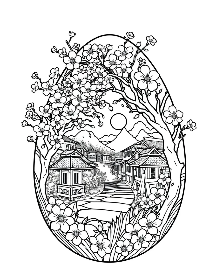 An Easter egg with Japanese cherry blossom festival scenes