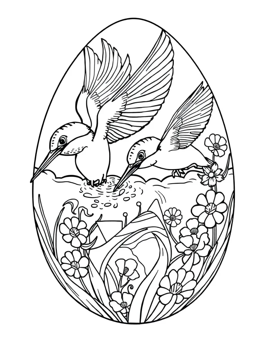 An Easter egg with kingfisher birds diving for fish