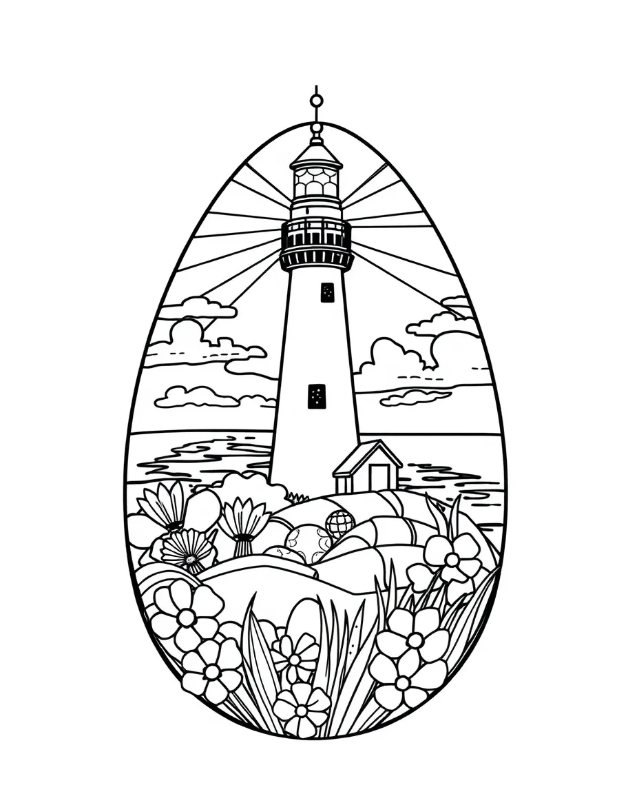 An Easter egg with lighthouse scenes on coastal spring days