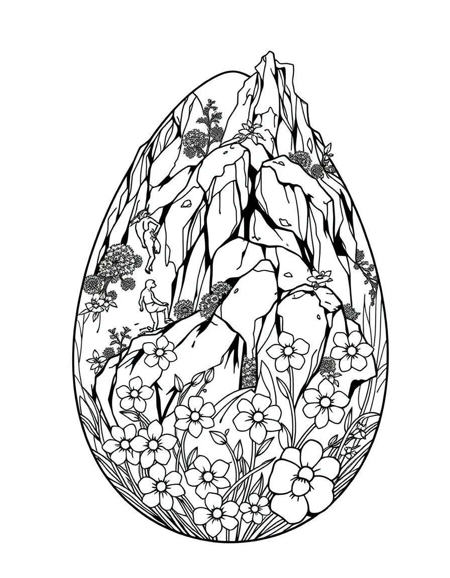 An Easter egg with rock climbing scenes on flowery cliffs