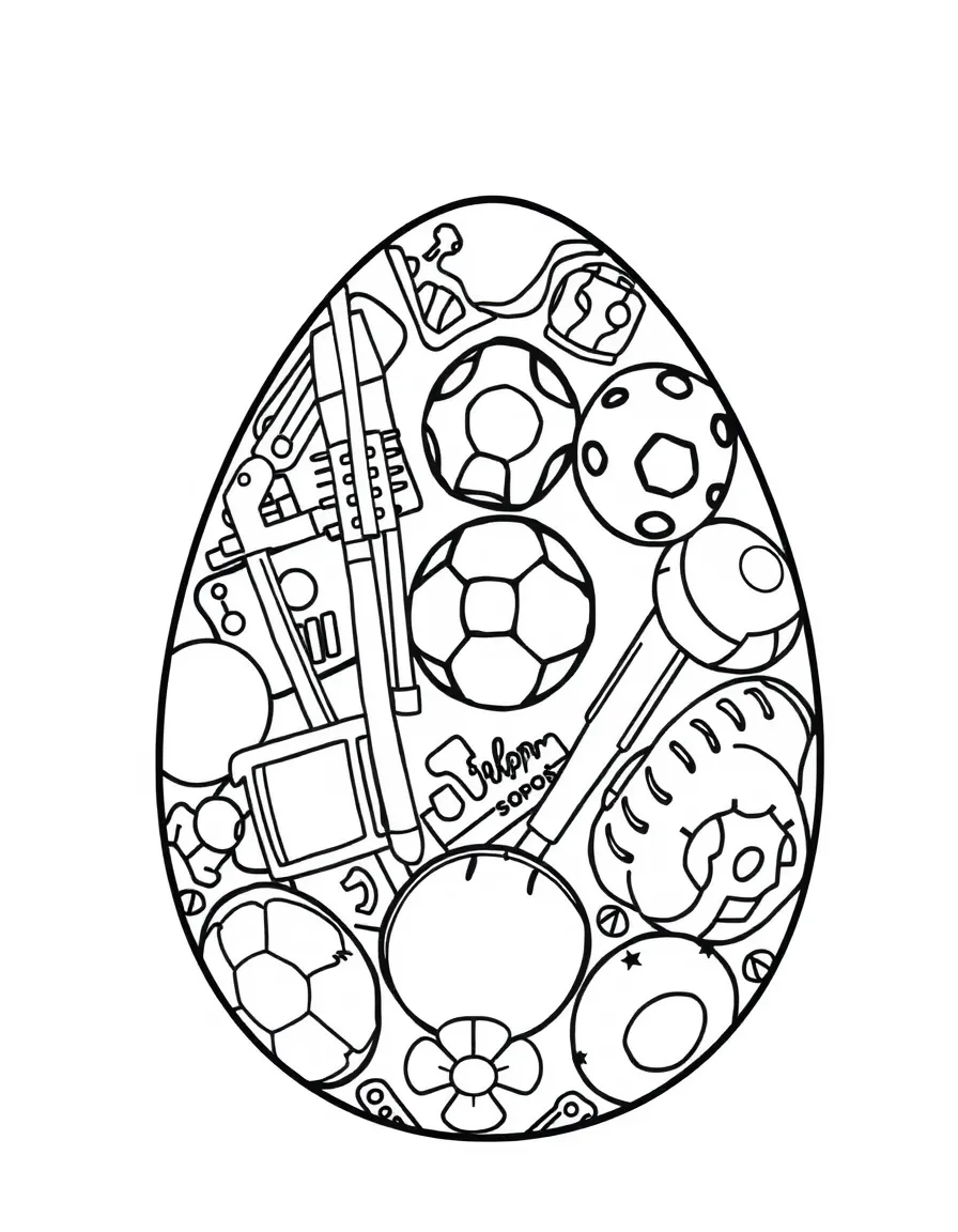 An Easter egg with sports equipment arranged in patterns
