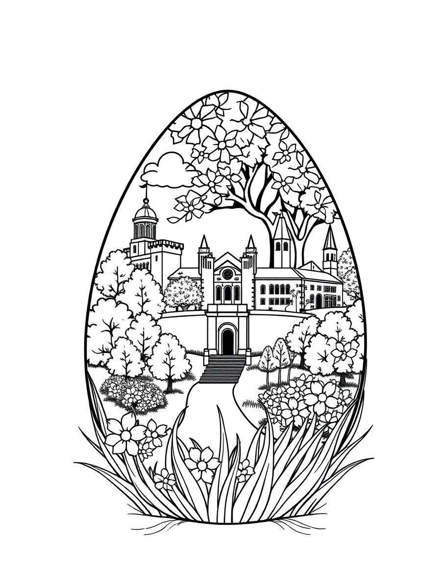 An Easter egg with university campus scenes in spring