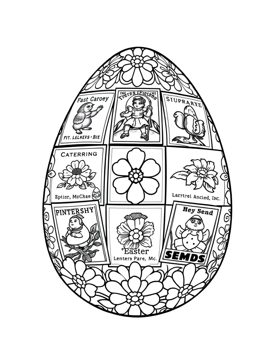 An Easter egg with vintage seed packet designs arranged in patterns