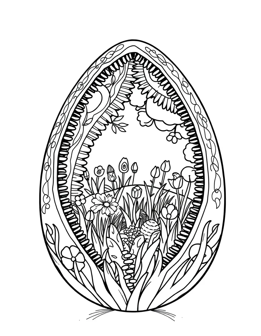 An Easter egg with zipper patterns revealing spring scenes inside