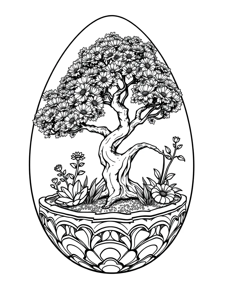 An Easter egg with bonsai tree designs and miniature gardens