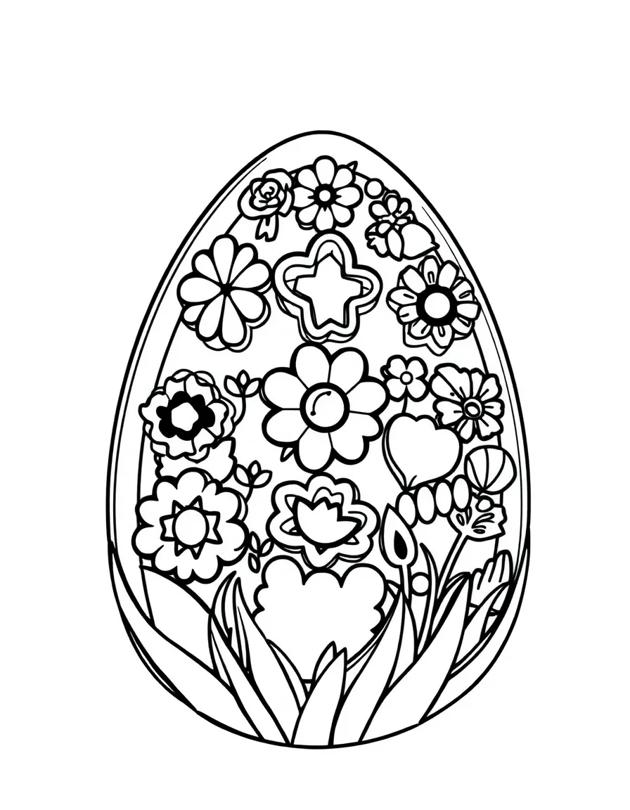 An Easter egg with cookie cutter shapes of spring symbols