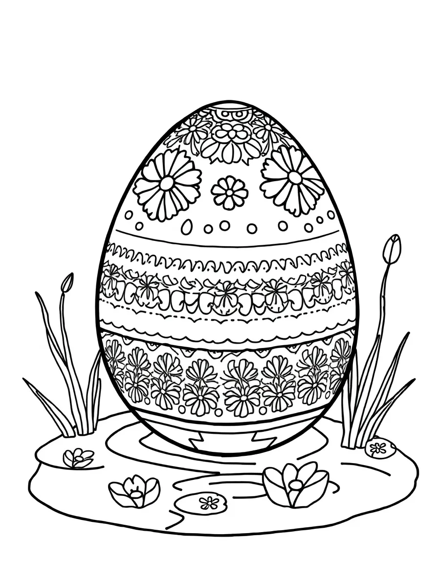 An Easter egg with ice skating patterns on a spring pond
